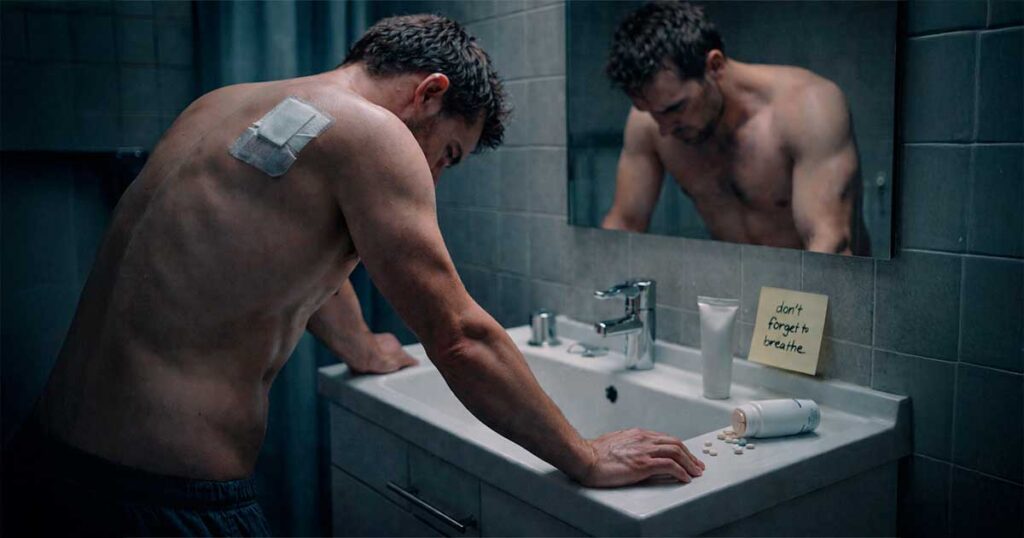 Hombre solo en un baño, apoyado en el lavabo frente al espejo, con una venda en la espalda y medicamentos sobre la superficie, escena que representa agotamiento emocional y crisis personal.
