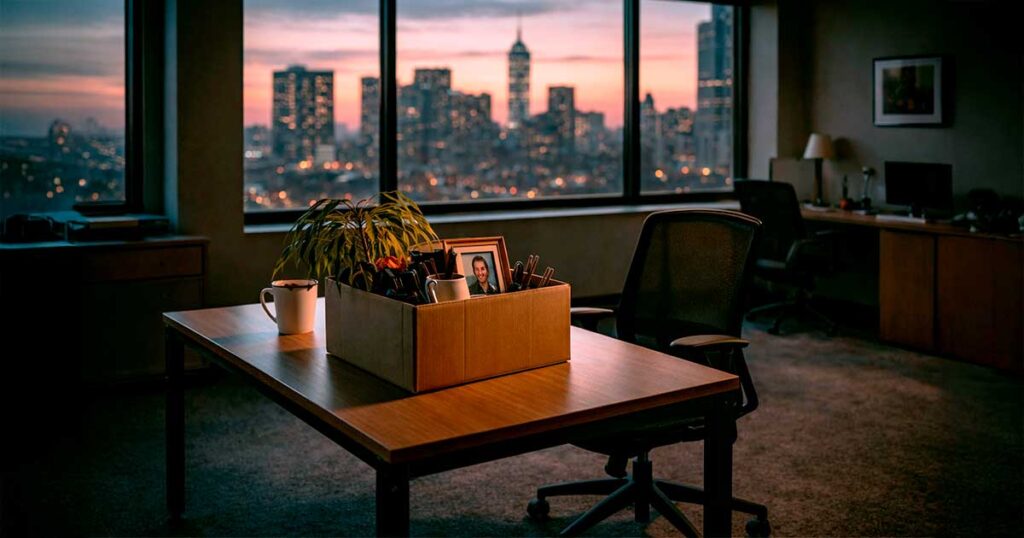 Oficina vacía al atardecer con una caja sobre un escritorio que contiene objetos personales, símbolo del fin de una etapa laboral y la incertidumbre profesional.
