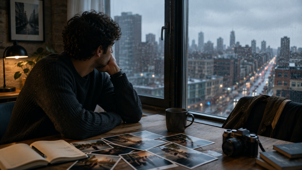 Hombre sentado junto a una ventana en un apartamento urbano durante una tarde fría y lluviosa, mirando la ciudad gris mientras sobre la mesa hay fotos impresas de verano, una libreta, una taza de café y una cámara.