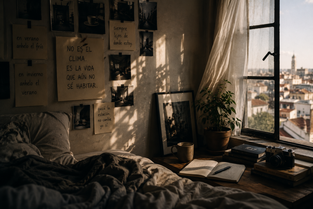 Habitación urbana con cama desordenada, ventana abierta, luz cálida de tarde, libros, cámara, planta y notas pegadas en la pared con frases sobre anhelar el verano, el frío y aprender a habitar la vida presente.