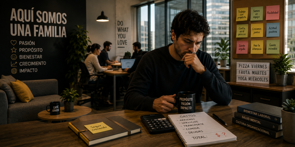 Trabajador joven en una oficina moderna revisando sus gastos personales mientras al fondo aparecen mensajes corporativos sobre familia, propósito, bienestar y crecimiento. La imagen representa la tensión entre la cultura corporativa, el salario emocional y la ansiedad económica de no llegar a fin de mes.