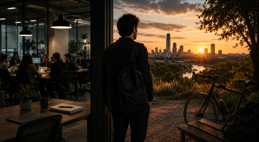 Hombre joven saliendo de una oficina moderna hacia un espacio abierto con vista urbana al atardecer, mientras deja atrás el ambiente laboral y observa la ciudad. La imagen representa el deseo de tener una vida fuera del trabajo y recuperar equilibrio personal frente a la cultura corporativa.